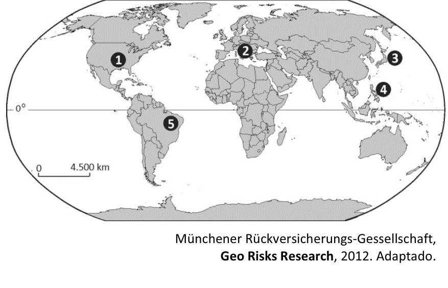 Mapa-múndi indicando cinco áreas numeradas de 1 a 5: 1 no interior dos Estados Unidos; 2 no sul da Europa (península Itálica); 3 a leste do arquipélago japonês; 4 na região das Filipinas; e 5 no nordeste/leste do Brasil.