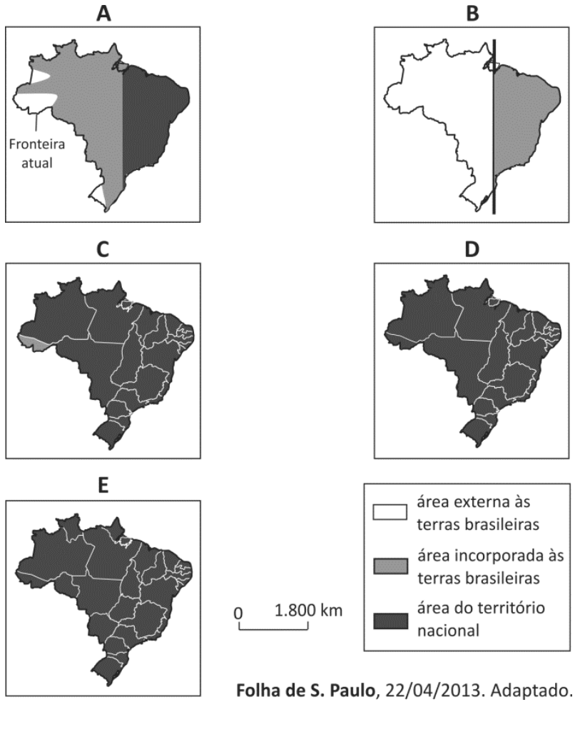 Cinco mapas do território brasileiro identificados pelas letras A, B, C, D e E ilustram diferentes fases da formação territorial do país. O mapa A apresenta a faixa leste em cinza-escuro, uma grande porção central e norte em cinza-claro (área incorporada) e áreas em branco na fronteira oeste com a indicação 'Fronteira atual'. O mapa B mostra a linha do Tratado de Tordesilhas com a porção leste em cinza e a oeste em branco. O mapa C mostra o território brasileiro com divisões estaduais e a região do atual estado do Acre em cinza-claro (área incorporada). Os mapas D e E mostram diferentes configurações das divisões estaduais brasileiras. Ao lado inferior direito, há uma escala gráfica de 0 a 1.800 km e uma legenda definindo: retângulo branco para 'área externa às terras brasileiras', retângulo cinza-claro para 'área incorporada às terras brasileiras' e retângulo cinza-escuro para 'área do território nacional'.