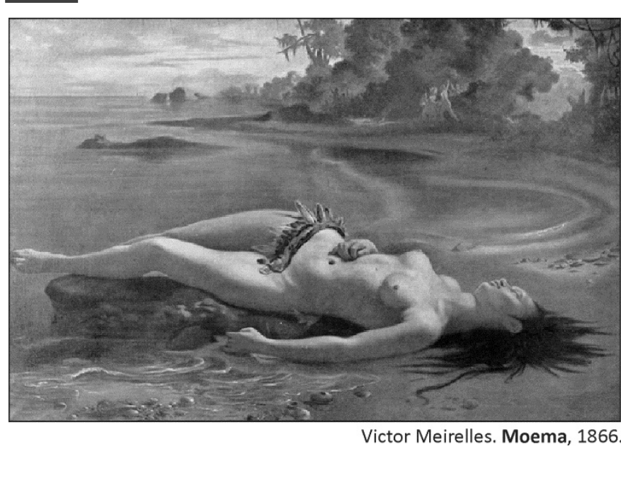 Pintura Moema (1866), de Victor Meirelles, retratando uma mulher indígena deitada na praia, à beira da água, com vegetação tropical ao fundo. Abaixo da imagem, lê-se: Victor Meirelles. Moema, 1866.