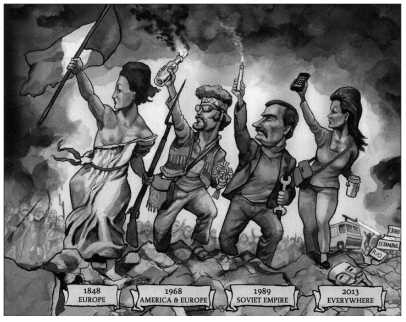 Ilustração representando manifestantes de quatro épocas históricas caminhando sobre escombros: à esquerda, uma figura feminina com seios desnudos erguendo uma bandeira e segurando um fuzil, sobre a placa "1848 EUROPE"; ao lado, um jovem hippie com faixa na cabeça, coquetel molotov e flores, sobre a placa "1968 AMERICA & EUROPE"; em seguida, um homem de bigode segurando uma vela acesa e uma chave de boca, sobre a placa "1989 SOVIET EMPIRE"; e à direita, uma mulher com roupas modernas erguendo um smartphone e segurando um copo de café descartável, sobre a placa "2013 EVERYWHERE", próxima a uma máscara estilizada no chão e placas apontando para Cairo, Istanbul e Rio.