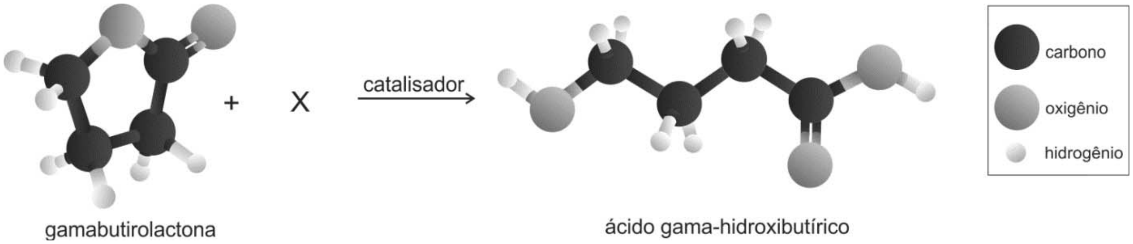Representação da reação química com modelos moleculares de esferas e bastões: gamabutirolactona reage com X na presença de catalisador para formar o ácido gama-hidroxibutírico. À direita, legenda com esferas indicando carbono, oxigênio e hidrogênio.
