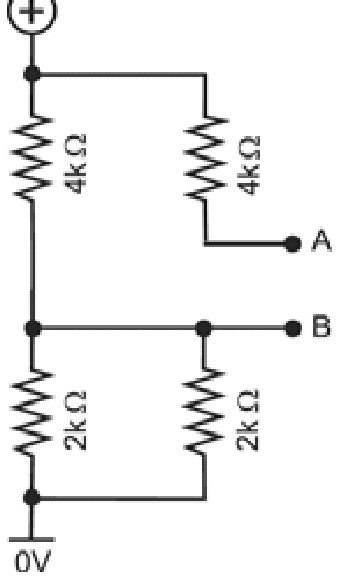 F1 Esquema de um circuito elétrico com terminal superior indicado por um círculo com sinal positivo (+), conectado a um nó que se divide em dois ramos: um à esquerda contendo um resistor de 4 kΩ em série até um nó intermediário, e outro à direita contendo um resistor de 4 kΩ que termina no ponto aberto A. Do nó intermediário sai o ponto B e conectam-se dois resistores de 2 kΩ em paralelo, que terminam ligados ao potencial de referência de 0 V (terra).