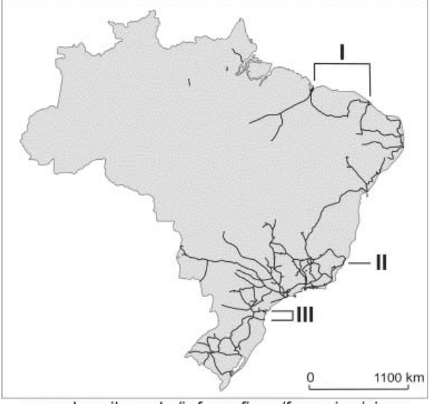 Mapa da malha ferroviária do Brasil indicando ferrovias pelo país e destacando três regiões com algarismos romanos: I no litoral norte/nordeste (Maranhão ao Ceará), II no litoral do Espírito Santo e III no litoral do Paraná/Santa Catarina.