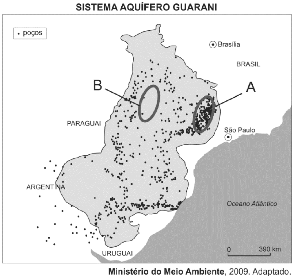Mapa da área de ocorrência do Sistema Aquífero Guarani na América do Sul, mostrando a distribuição de poços e destacando as regiões A (com alta concentração de poços no estado de São Paulo) e B (com baixa incidência de poços).