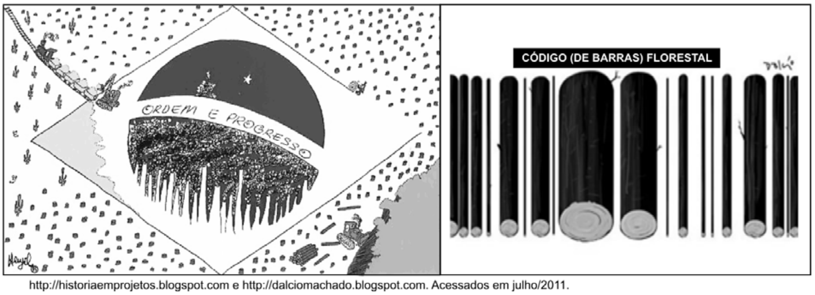 Duas charges: à esquerda, de Henfil (1982), a bandeira do Brasil é representada com a área verde desmatada, sobrando apenas tocos de árvores e maquinários retirando toras de madeira, restando um fragmento de floresta ao centro na faixa com o lema "ORDEM E PROGRESSO"; à direita, de Dalcio (2011), com o título "CÓDIGO (DE BARRAS) FLORESTAL", troncos verticais cortados de árvores simulam as barras de um código de barras. Na parte inferior da imagem constam os créditos das fontes.