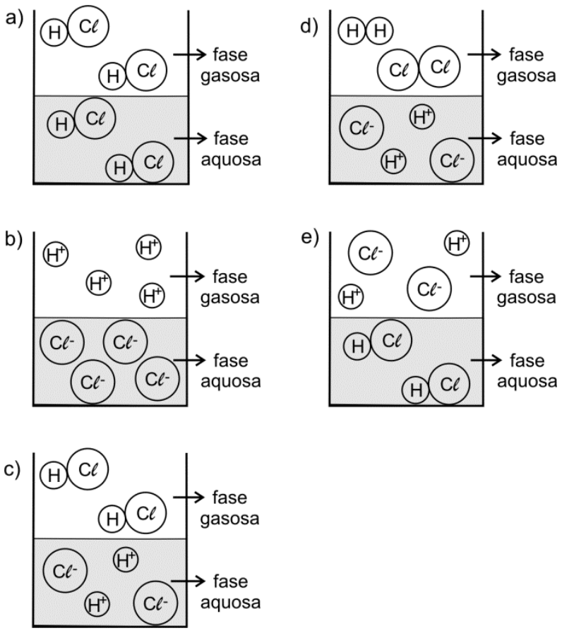 F1 Cinco representações esquemáticas (a, b, c, d, e) de um béquer contendo fase aquosa na parte inferior (em cinza) e fase gasosa na parte superior (em branco). Em a, há duas moléculas de HCl na fase gasosa e duas moléculas de HCl na fase aquosa. Em b, há quatro cátions H⁺ na fase gasosa e quatro ânions Cl⁻ na fase aquosa. Em c, há duas moléculas de HCl na fase gasosa e dois íons H⁺ e dois íons Cl⁻ dissociados na fase aquosa. Em d, há uma molécula de H₂ e uma de Cl₂ na fase gasosa e dois íons H⁺ e dois íons Cl⁻ dissociados na fase aquosa. Em e, há dois íons H⁺ e dois íons Cl⁻ na fase gasosa e duas moléculas de HCl na fase aquosa.
