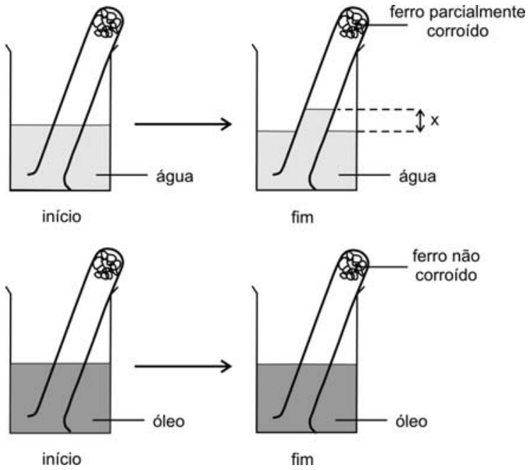 Esquema de dois experimentos com tubos de ensaio invertidos contendo um novelo de ferro no fundo. No primeiro experimento, com água: na etapa inicial, os níveis de água dentro e fora do tubo são iguais; ao final, a água sobe no tubo formando uma diferença de altura x em relação ao nível do recipiente, com a indicação 'ferro parcialmente corroído'. No segundo experimento, com óleo: tanto no início quanto no fim, o nível de óleo dentro e fora do tubo permanece inalterado, com a indicação 'ferro não corroído'.