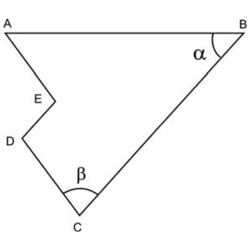 Polígono com vértices A, B, C, D e E. O segmento AB é horizontal, com ângulo alfa no vértice B. O vértice C apresenta ângulo beta entre os segmentos BC e CD. Os segmentos AE e CD são paralelos, assim como os segmentos BC e DE.