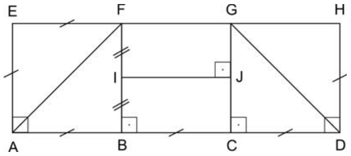 Diagrama geométrico com vértices rotulados: retângulo ADHE dividido em três seções de mesma largura, com os pontos E, F, G, H no topo e A, B, C, D na base, segmentos AF, FI, IB, IJ, JG, GC e GD, e marcações de ângulos retos e congruência de segmentos