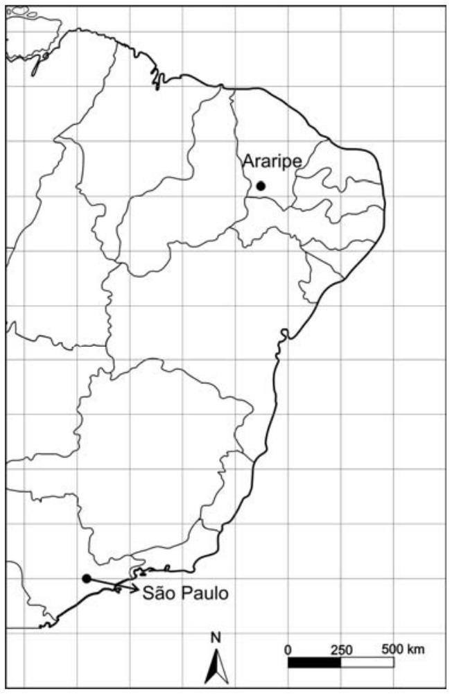 Mapa de parte do território brasileiro com divisões estaduais e grade quadriculada, indicando a localização de Araripe e de São Paulo, acompanhado de rosa dos ventos apontando para o Norte e escala gráfica de 0 a 500 km.