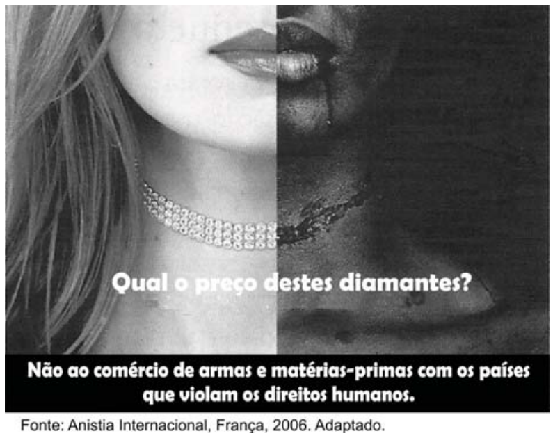 Cartaz de campanha da Anistia Internacional dividido verticalmente ao meio: à esquerda, uma mulher de pele clara usa um colar de diamantes reluzente; à direita, a imagem espelhada e sombria mostra a mulher ferida, com sangue escorrendo dos lábios e um corte profundo ensanguentado no pescoço no lugar onde estaria o colar. Sobre a imagem, a frase: "Qual o preço destes diamantes?". Na base, em uma tarja preta, lê-se: "Não ao comércio de armas e matérias-primas com os países que violam os direitos humanos."