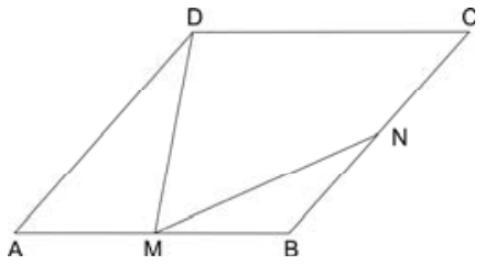 Losango ABCD com vértices A, B, C e D no sentido anti-horário a partir do canto inferior esquerdo. M é o ponto médio do lado AB e N é o ponto médio do lado BC. Estão traçados os segmentos de reta DM e MN.