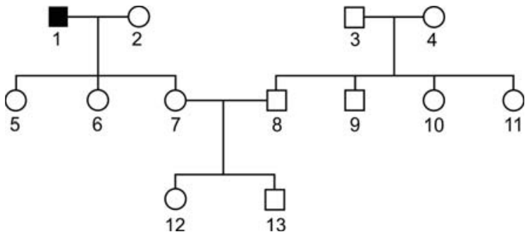 Heredograma de três gerações numeradas de 1 a 13: na primeira geração, o homem afetado 1 (quadrado preto) e a mulher 2 (círculo branco) geram três filhas, 5, 6 e 7 (círculos brancos); o casal formado pelo homem 3 (quadrado branco) e pela mulher 4 (círculo branco) geram quatro filhos: 8 e 9 (quadrados brancos) e 10 e 11 (círculos brancos). Na segunda geração, a mulher 7 casa-se com o homem 8, gerando a filha 12 (círculo branco) e o filho 13 (quadrado branco).