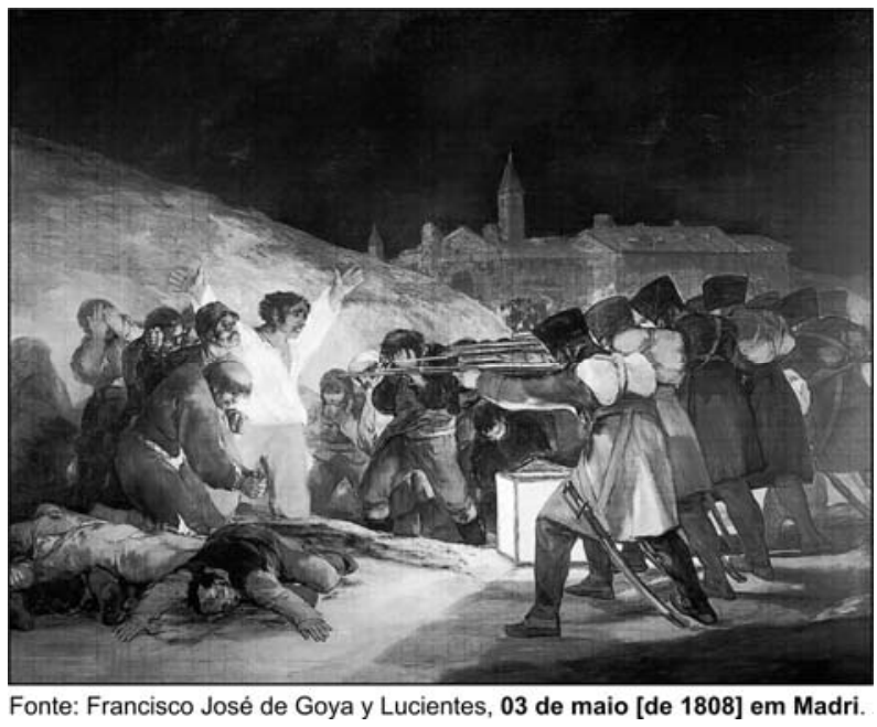 Pintura de Francisco de Goya retratando uma execução por fuzilamento. À direita, soldados enfileirados de costas apontam seus fuzis para um grupo de prisioneiros à esquerda. Um dos homens veste camisa branca e ergue os braços em rendição ou desespero, cercado por companheiros aterrorizados e corpos de executados caídos no chão. Abaixo da imagem lê-se: "Fonte: Francisco José de Goya y Lucientes, 03 de maio [de 1808] em Madri."