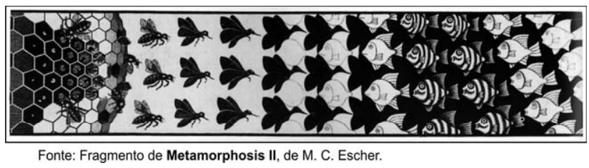 Fragmento da gravura Metamorphosis II, de M. C. Escher, mostrando uma transição contínua que se inicia à esquerda com hexágonos de uma colmeia com abelhas, transformando-se progressivamente em silhuetas intercaladas até se tornarem figuras completas de peixes à direita.