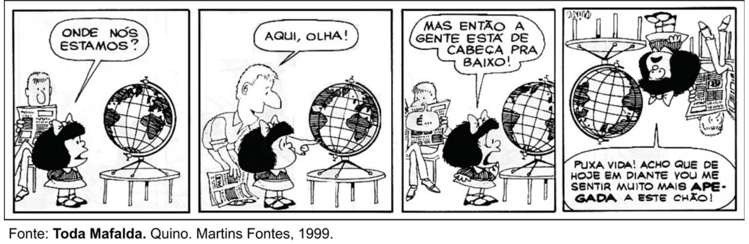 Tirinha da Mafalda dividida em quatro quadros. No primeiro, Mafalda olha para um globo terrestre sobre uma mesinha e pergunta para o pai: "ONDE NÓS ESTAMOS?". No segundo quadro, o pai aponta para a parte inferior do globo (América do Sul) e diz: "AQUI, OLHA!". No terceiro quadro, Mafalda se espanta e diz: "MAS ENTÃO A GENTE ESTÁ DE CABEÇA PRA BAIXO!", enquanto o pai, segurando o jornal, responde pensativo: "É...". No quarto quadro, a cena inteira está invertida de ponta-cabeça, com os personagens e móveis virados para baixo, e Mafalda pensa: "PUXA VIDA! ACHO QUE DE HOJE EM DIANTE VOU ME SENTIR MUITO MAIS APEGADA A ESTE CHÃO!".