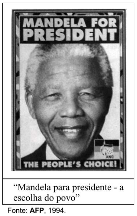 Cartaz eleitoral de 1994 com retrato de Nelson Mandela sorrindo e os dizeres em inglês "Mandela for President" e "The People's Choice!", acompanhado de um quadro inferior com a tradução "Mandela para presidente - a escolha do povo".