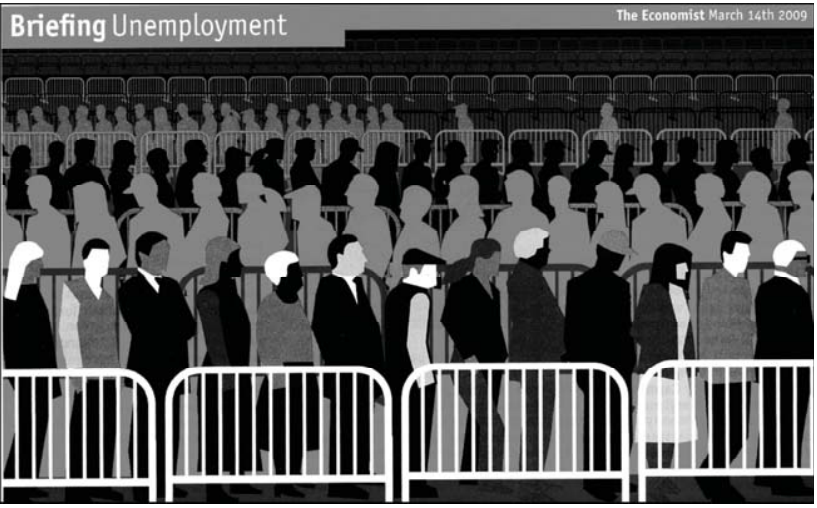 Ilustração em tons de cinza com a inscrição "Briefing Unemployment - The Economist March 14th 2009", mostrando uma multidão de pessoas enfileiradas atrás de grades de contenção.