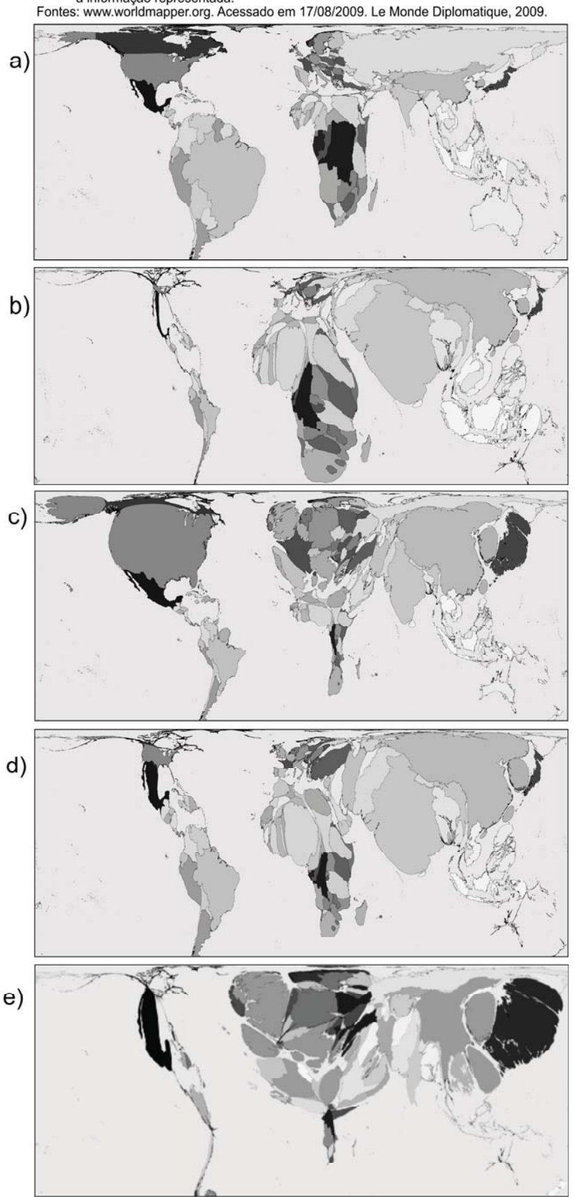 Cinco mapas-múndi em projeção anamórfica correspondentes às alternativas de a a e, mostrando distorções nas áreas dos países proporcionais a diferentes variáveis socioeconômicas e ambientais globais.