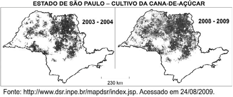 F1 Dois mapas do Estado de São Paulo com o título “ESTADO DE SÃO PAULO – CULTIVO DA CANA-DE-AÇÚCAR”, mostrando as áreas de cultivo em manchas escuras nos períodos 2003 - 2004, à esquerda, e 2008 - 2009, à direita. As manchas se ampliam no segundo mapa, principalmente no oeste e no norte do estado. Escala de 230 km. Fonte: http://www.dsr.inpe.br/mapdsr/index.jsp. Acessado em 24/08/2009.