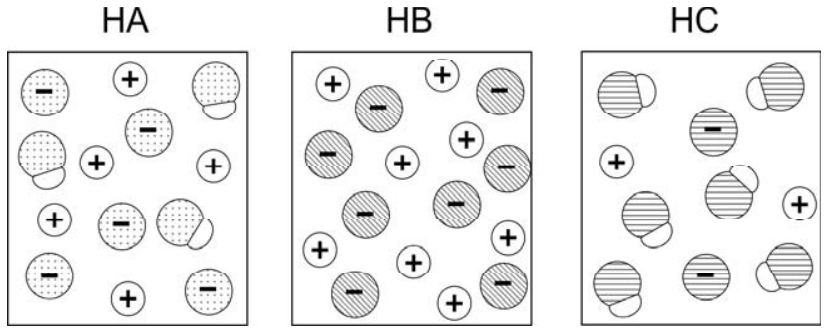 Três quadros representando soluções aquosas dos ácidos HA, HB e HC contendo partículas em solução. No primeiro (HA), há moléculas não ionizadas formadas por duas esferas unidas (uma maior com pontilhado e uma menor branca) e íons livres representados por esferas com sinal de positivo e esferas pontilhadas com sinal de negativo. No segundo (HB), há apenas íons dissociados, com esferas com sinal de positivo e esferas com hachuras diagonais com sinal de negativo. No terceiro (HC), há predominantemente moléculas não ionizadas (esferas unidas, sendo a maior com listras horizontais) e poucos íons livres (com sinais de positivo e negativo).