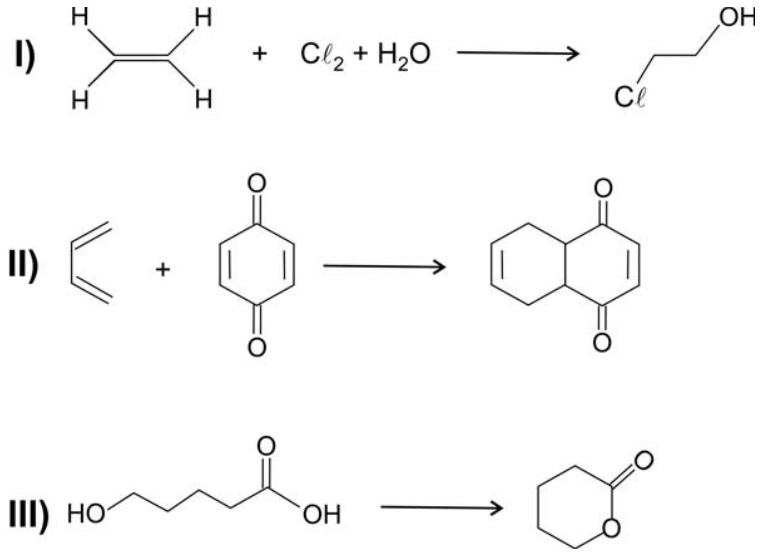 Três equações químicas representadas: na reação I, etileno reage com Cl₂ e H₂O para formar 2-cloroetanol; na reação II, 1,3-butadieno reage com p-benzoquinona para formar um aduto bicíclico; na reação III, o ácido 5-hidroxipentanoico forma uma lactona de 6 membros.