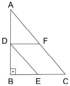 F1 Triângulo retângulo ABC com ângulo reto em B, cateto vertical AB e cateto horizontal BC. O ponto D está em AB, E em BC e F na hipotenusa AC, formando o paralelogramo DECF.