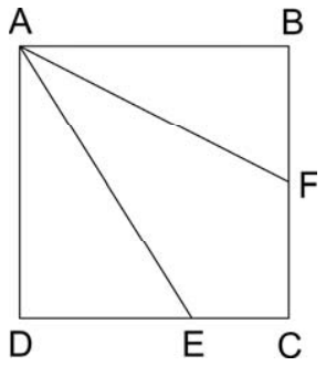 Quadrado ABCD com os segmentos AF e AE partindo do vértice A até os pontos F no lado BC e E no lado CD, respectivamente.