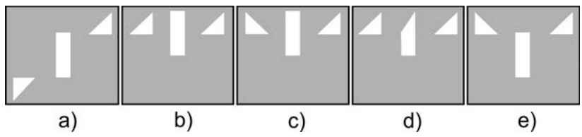 F2 Cinco opções de esboço do anteparo iluminado, indicadas pelas letras de a a e, com diferentes combinações de projeções luminosas triangulares e retangulares.
