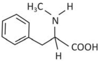 Fórmula estrutural da N-metil-fenilalanina: um anel benzênico ligado a CH₂–CH(NHCH₃)–COOH. O nitrogênio está ligado ao carbono central, a H e a CH₃; o carbono central também está ligado a H e ao grupo COOH.