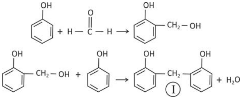 F1 Esquema das duas primeiras etapas da polimerização: na primeira etapa, fenol reage com metanal formando o 2-(hidroximetil)fenol; na segunda etapa, esse produto reage com outra molécula de fenol formando o intermediário I e liberando água.