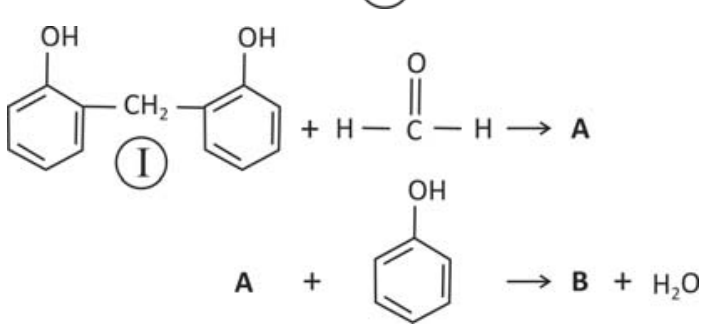F2 Esquema da continuação da reação: o intermediário I reage com metanal originando o composto A; em seguida, A reage com fenol formando o produto B e liberando água.