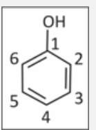 F4 Fórmula estrutural do fenol com a hidroxila -OH ligada ao carbono 1 e os átomos de carbono numerados de 2 a 6 no sentido horário ao redor do anel aromático.