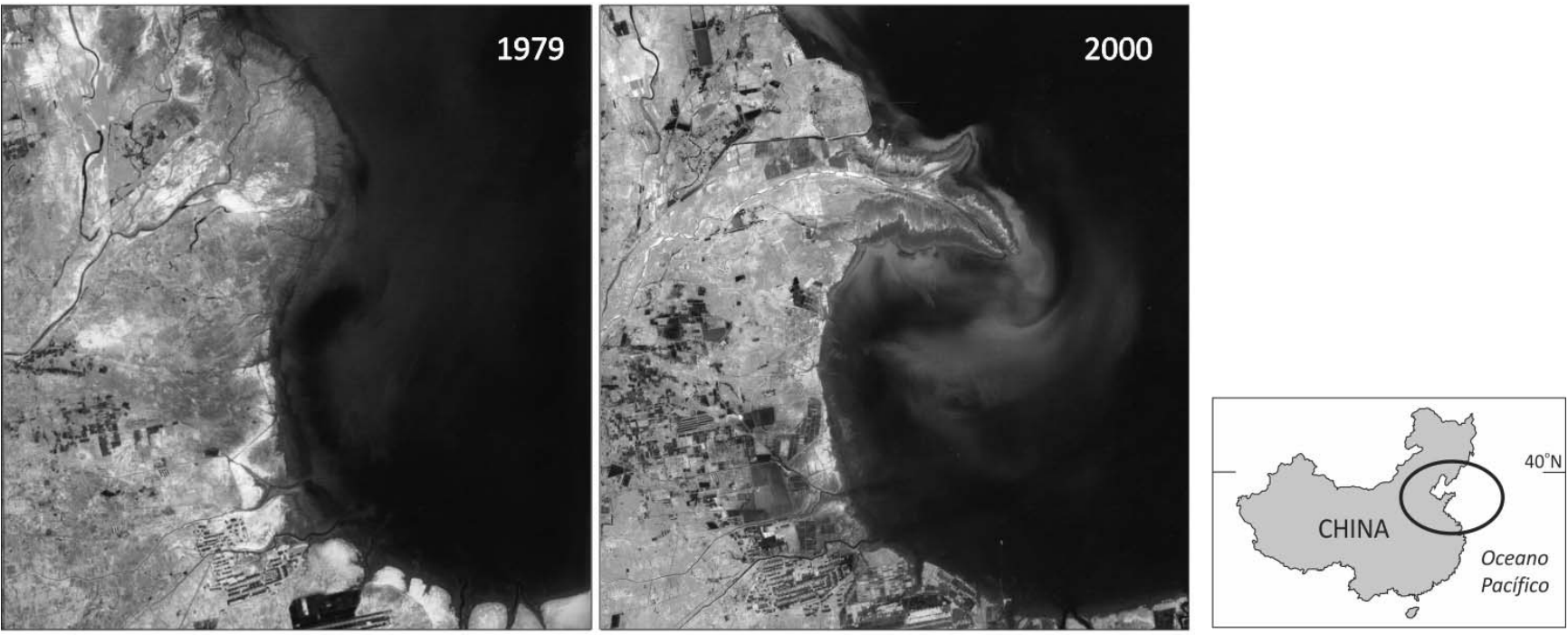 Duas imagens de satélite em preto e branco do delta do rio Huang Ho, identificadas como 1979 e 2000, mostram as mudanças na linha de costa e o avanço de uma porção do delta sobre o mar. Na imagem de 1979, a costa apresenta contorno arredondado; na de 2000, uma projeção alongada avança para o mar na parte superior, com faixas claras de sedimentos ao redor. À direita, um mapa de localização apresenta o contorno da China, com a região da costa leste destacada por uma elipse, e os rótulos CHINA, Oceano Pacífico e 40°N.