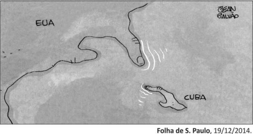 Charge de Jean Galvão em que o litoral dos EUA (com a península da Flórida) e a ilha de Cuba são representados como mãos com dedos indicadores apontando e quase se tocando, evocando a pintura A Criação de Adão. Abaixo da imagem, lê-se: Folha de S. Paulo, 19/12/2014.