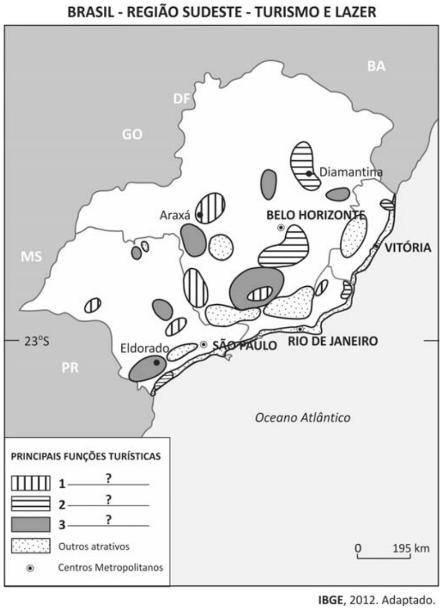 Mapa da Região Sudeste do Brasil intitulado "BRASIL - REGIÃO SUDESTE - TURISMO E LAZER", destacando áreas turísticas com diferentes padrões de preenchimento. Na legenda intitulada "PRINCIPAIS FUNÇÕES TURÍSTICAS", o símbolo com linhas verticais corresponde ao número 1 acompanhado de ponto de interrogação; o símbolo com linhas horizontais corresponde ao número 2 com ponto de interrogação; a área sombreada em cinza corresponde ao número 3 com ponto de interrogação; o padrão pontilhado representa "Outros atrativos"; e um círculo com ponto central indica "Centros Metropolitanos". No mapa são indicadas localidades como Araxá, Diamantina, Belo Horizonte, Vitória, Rio de Janeiro, São Paulo e Eldorado.