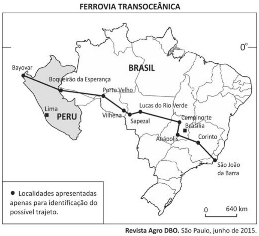 Mapa da Ferrovia Transoceânica ligando São João da Barra no Brasil a Bayovar no Peru