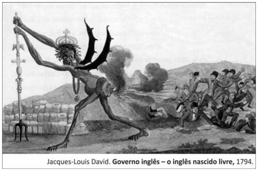 F1 Caricatura de Jacques-Louis David, intitulada "Governo inglês – o inglês nascido livre" (1794), retratando um monstro esquelético alado que usa coroa e segura um cetro/tridente, expelindo rajadas de fumaça pela parte traseira contra uma multidão de homens que fogem aterrorizados.
