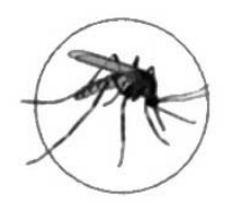 F1 Ilustração em preto e branco de um mosquito visto de perfil, contido dentro de um círculo.