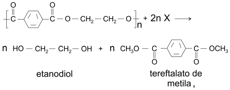 F1 Equação química que representa a despolimerização do PET em presença de 2n moléculas do composto X, originando n moléculas de etanodiol e n moléculas de tereftalato de metila.