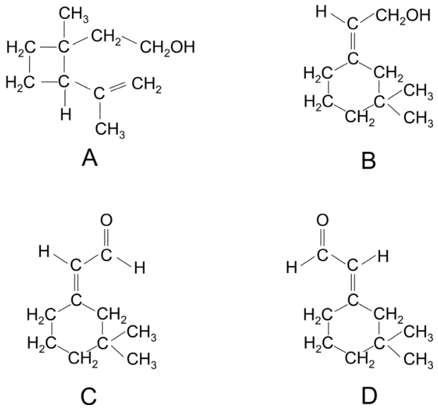 Fórmulas estruturais planas dos compostos A, B, C e D. O composto A apresenta um ciclobutano dissubstituído ligado a uma hidroxila e a um grupo isopropenil; o composto B apresenta um ciclo-hexano com dois grupos metil e uma ligação dupla exocíclica ligada a um grupo hidroximetil; os compostos C e D são isômeros contendo o anel ciclo-hexano e um grupo aldeído conjugado à dupla ligação exocíclica.