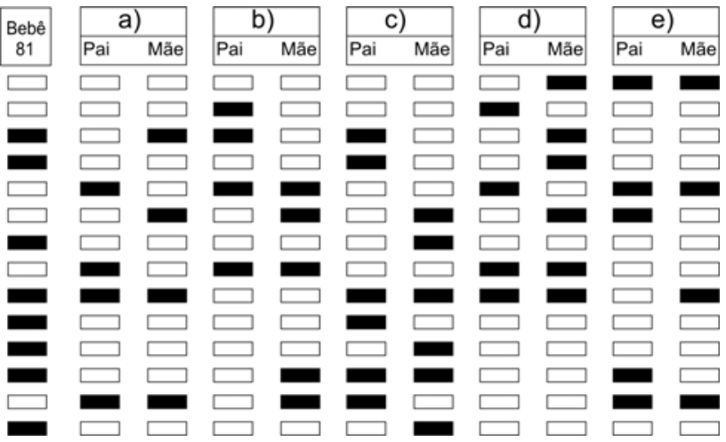 Padrões de fragmentos de DNA do Bebê 81 e de cinco casais (identificados de a até e), com colunas separadas para pai e mãe