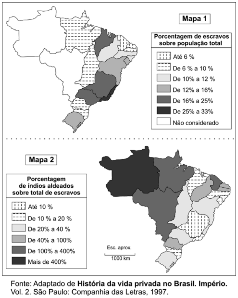 F1 Dois mapas do Brasil do censo de 1872. O Mapa 1 apresenta a porcentagem de escravos sobre a população total por província, variando de até 6% a de 25% a 33%. O Mapa 2 apresenta a porcentagem de índios aldeados sobre o total de escravos por província, variando de até 10% a mais de 400%.