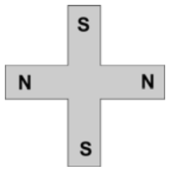 Objeto de ferro em forma de cruz com polos Sul (S) nas extremidades verticais e polos Norte (N) nas extremidades horizontais.