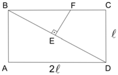 Retângulo ABCD com lado inferior AD de medida 2ℓ e lado direito CD de medida ℓ. A diagonal BD está traçada e contém um ponto E. O segmento EF une o lado superior BC à diagonal BD, formando um ângulo reto no vértice E.