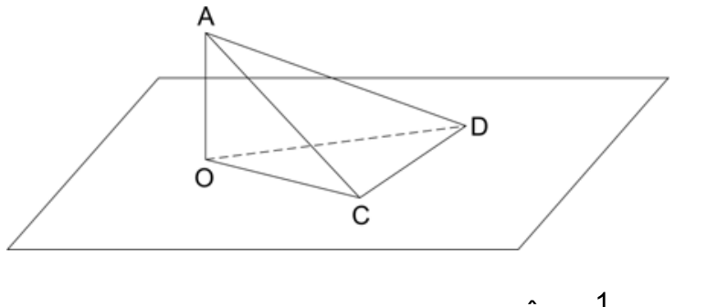 Representação tridimensional de um plano contendo o triângulo OCD e um ponto A exterior ao plano, com segmento vertical OA perpendicular ao plano e segmentos AC e AD formando o triângulo ACD com a base CD. O segmento OD é representado em linha tracejada.