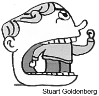 F2 Cartum de uma figura humana com cabeça grande, boca aberta e dentes à mostra, expressão zangada e um braço erguido com o punho fechado. Crédito: Stuart Goldenberg.