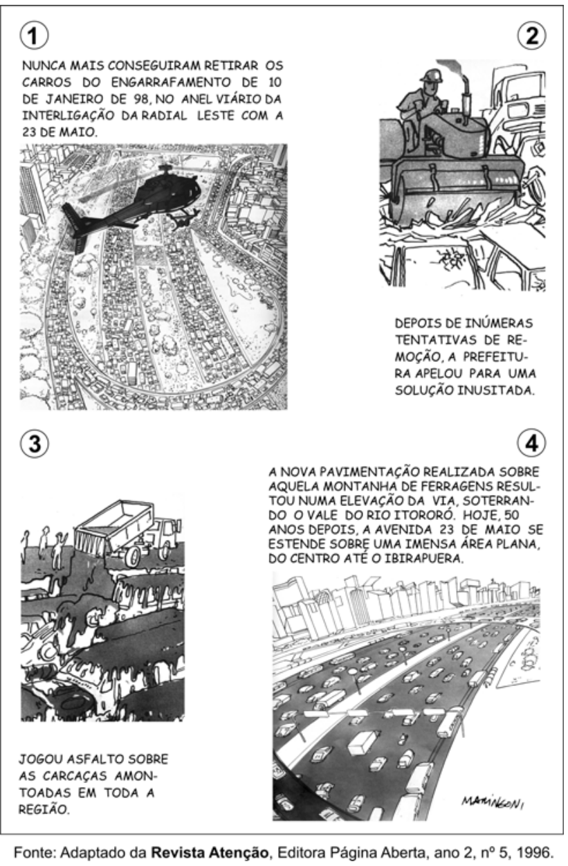 F1 História em quadrinhos de 4 quadros satirizando o trânsito da cidade de São Paulo. Quadro 1: vista aérea de um engarrafamento gigantesco com um helicóptero sobrevoando, com texto narrando que não conseguiram retirar os carros do engarrafamento no anel viário de interligação da Radial Leste com a 23 de Maio. Quadro 2: um rolo compressor passando por cima de carros engarrafados com texto dizendo que a prefeitura apelou para uma solução inusitada. Quadro 3: caminhão basculante despejando asfalto quente sobre os carros esmagados, com texto 'jogou asfalto sobre as carcaças amontoadas em toda a região'. Quadro 4: a avenida 23 de Maio cinquenta anos depois, novamente completamente engarrafada sobre o novo nível elevado da via. Assinatura: Maringoni.