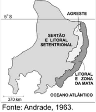 Mapa das sub-regiões do Nordeste, com áreas delimitadas e identificadas como Agreste, Sertão e Litoral Setentrional e Litoral e Zona da Mata. Indica o paralelo de 5° S, o Oceano Atlântico e uma escala de 370 km. Abaixo do mapa, consta “Fonte: Andrade, 1963.”.