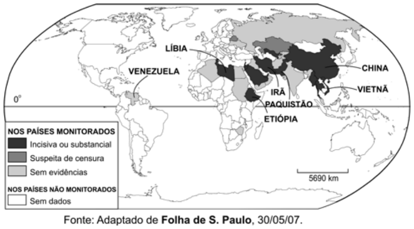 F1 Mapa-múndi indicando níveis de censura política na internet: incisiva ou substancial, suspeita de censura, sem evidências, e sem dados para países não monitorados. Países como Venezuela, Líbia, Etiópia, Irã, Paquistão, China e Vietnã aparecem em destaque.